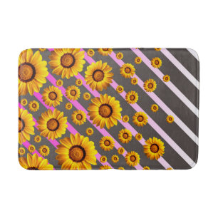 Beautiful yellow flowers on gray, pink stripes  bath mat
