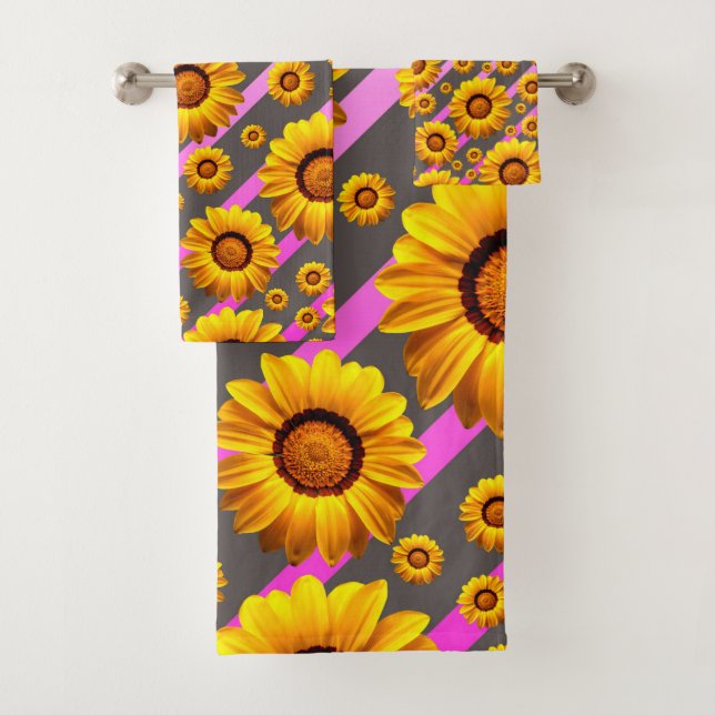 Beautiful yellow flowers on gray, pink stripes   bath towel set (Insitu)