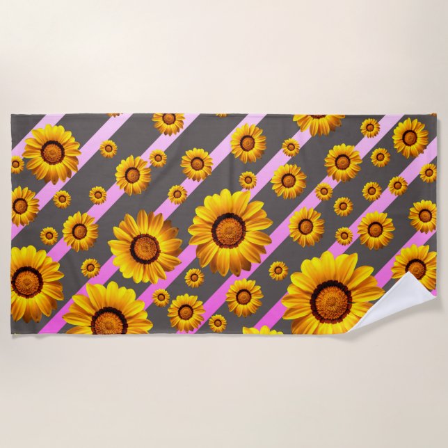 Beautiful yellow flowers on gray, pink stripes   beach towel (Front)