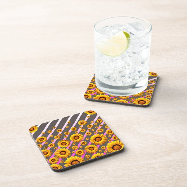 Beautiful yellow flowers on gray, pink stripes   beverage coaster (Right Side)