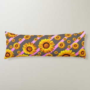 Beautiful yellow flowers on gray, pink stripes body pillow