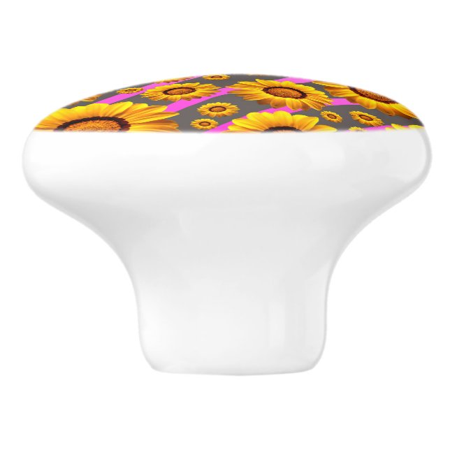 Beautiful yellow flowers on gray, pink stripes  ceramic knob (Side)