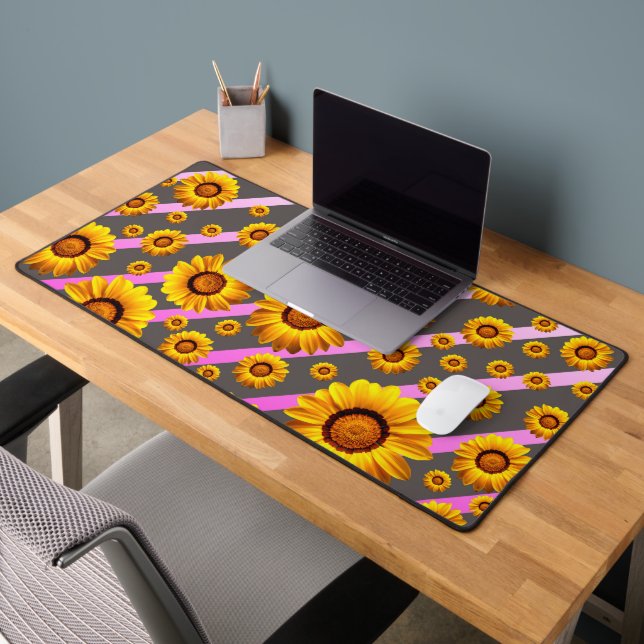 Beautiful yellow flowers on gray, pink stripes  desk mat (Office 2)