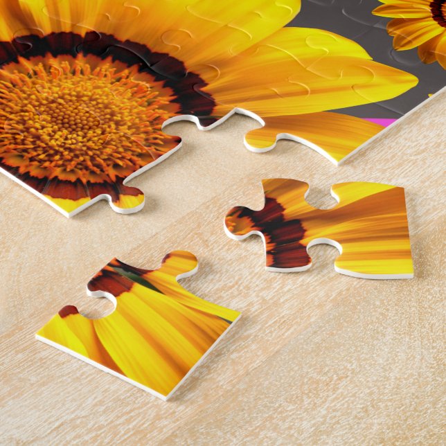 Beautiful yellow flowers on gray, pink stripes   jigsaw puzzle (Side)