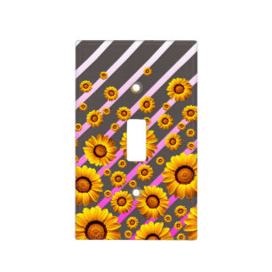 Beautiful yellow flowers on gray, pink stripes light switch cover