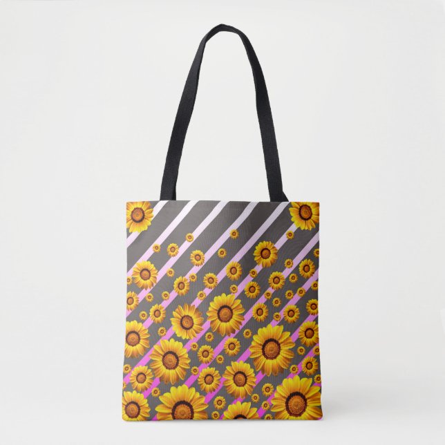 Beautiful yellow flowers on gray, pink stripes    tote bag (Front)