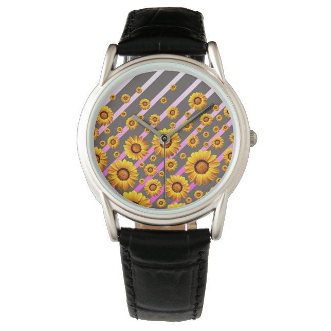 Beautiful yellow flowers on gray, pink stripes   watch (Front)