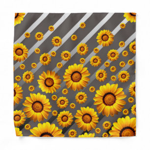 Beautiful yellow flowers on gray, silver stripes bandana