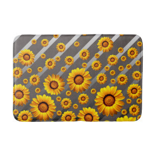 Beautiful yellow flowers on gray, silver stripes  bath mat
