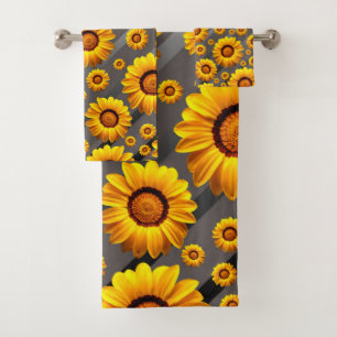 Beautiful yellow flowers on gray, silver stripes  bath towel set