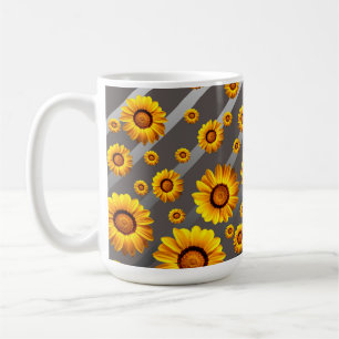 Beautiful yellow flowers on gray, silver stripes coffee mug