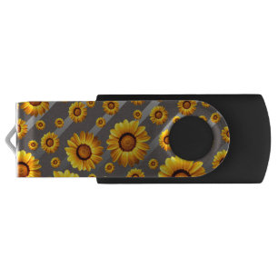 Beautiful yellow flowers on gray, silver stripes flash drive