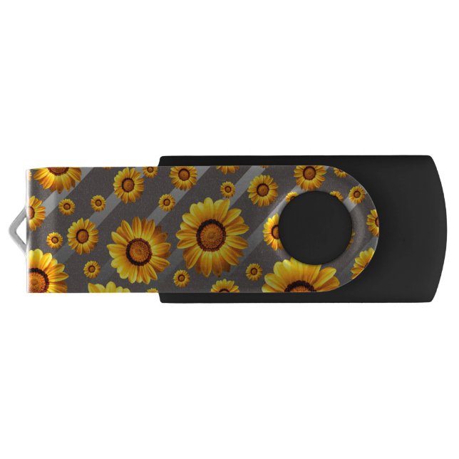 Beautiful yellow flowers on gray, silver stripes flash drive (Back)
