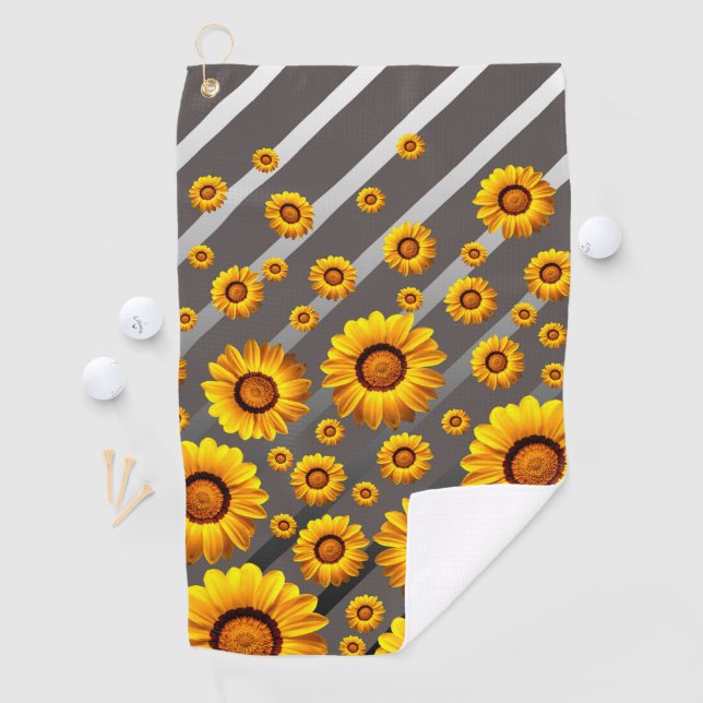 Beautiful yellow flowers on gray, silver stripes  golf towel (InSitu)