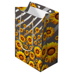 Beautiful yellow flowers on gray, silver stripes medium gift bag