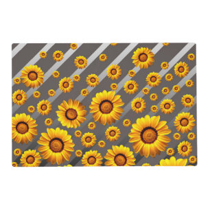 Beautiful yellow flowers on gray, silver stripes placemat