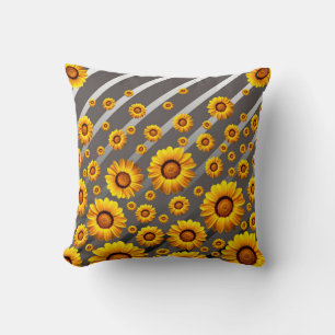 Beautiful yellow flowers on gray, silver stripes throw pillow