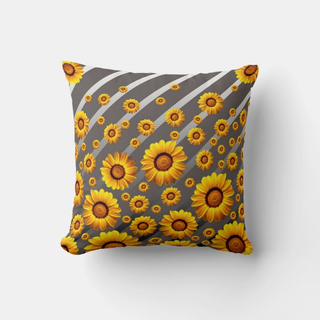Beautiful yellow flowers on gray, silver stripes throw pillow (Front)