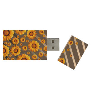 Beautiful yellow flowers on gray, silver stripes   wood flash drive