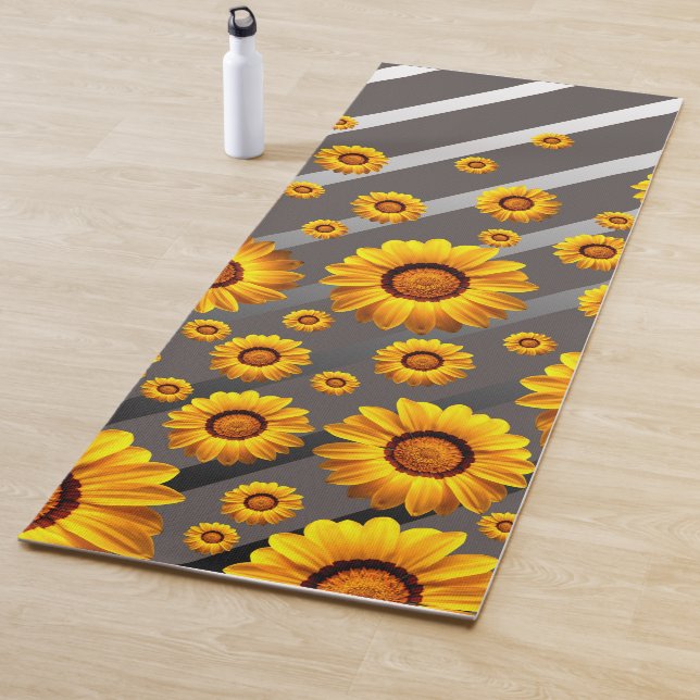 Beautiful yellow flowers on gray, silver stripes  yoga mat (In Situ)