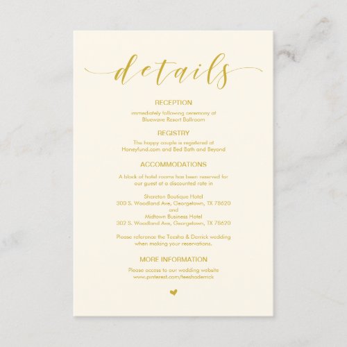 Beautiful Yellow Gold font Wedding Details Enclosure Card