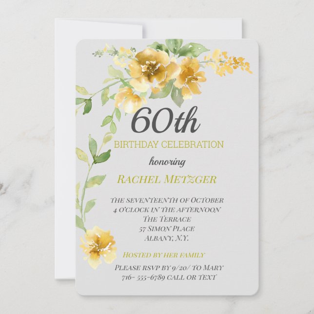Beautiful Yellow/Gray Floral Birthday Invitation (Front)
