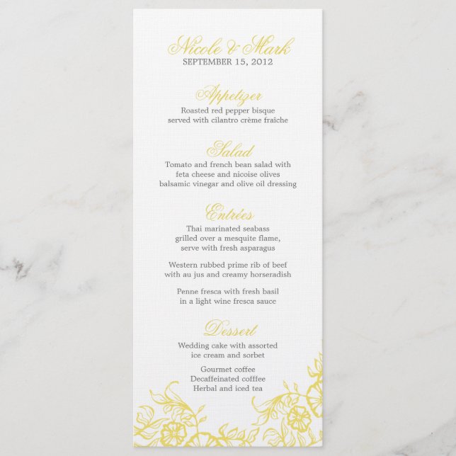 Beautiful Yellow & Gray Floral Custom Wedding Menu (Front)