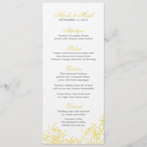 Beautiful Yellow &amp; Gray Floral Custom Wedding Menu