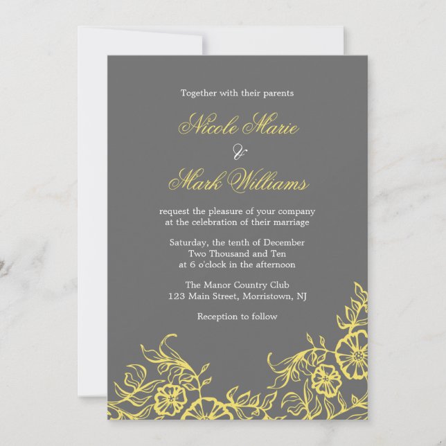 Beautiful Yellow & Gray Floral Wedding Invitation (Front)