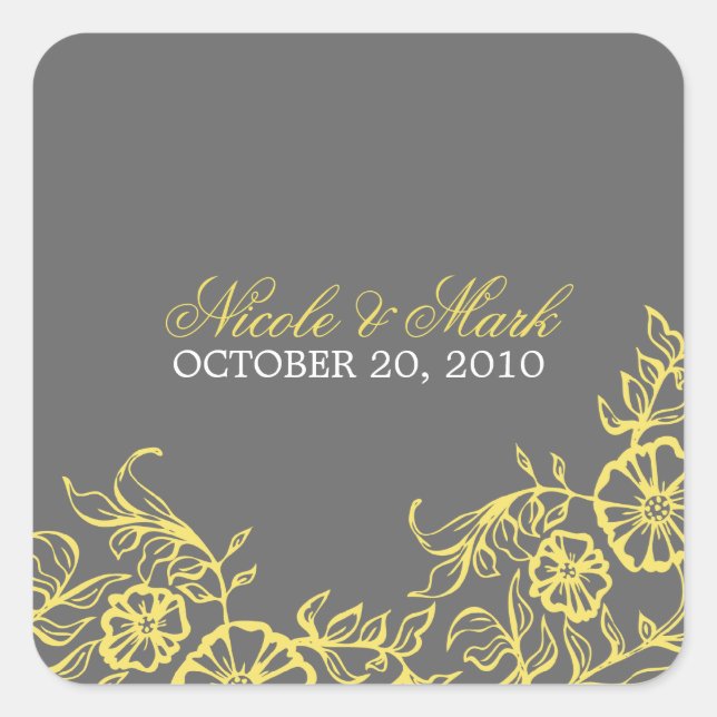 Beautiful Yellow & Gray Floral Wedding Square Sticker (Front)