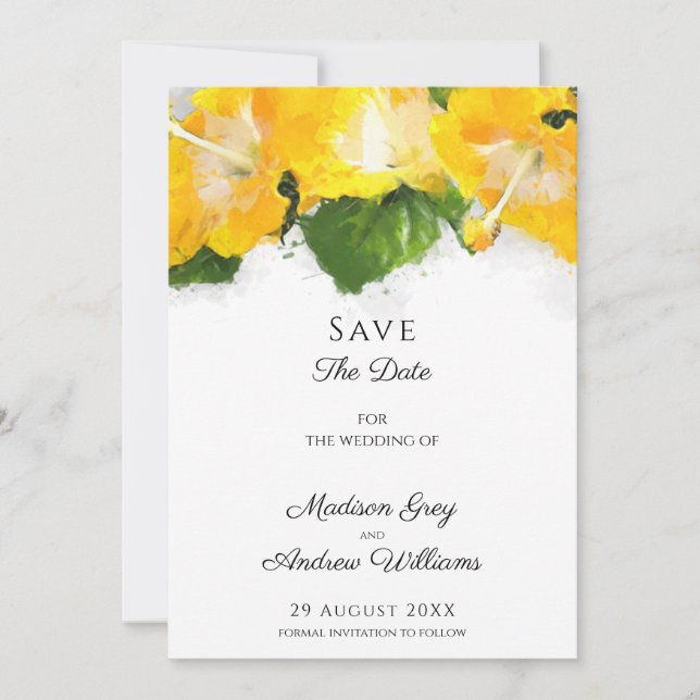 Beautiful Yellow Hibiscus Flower Art Save The Date (Front)