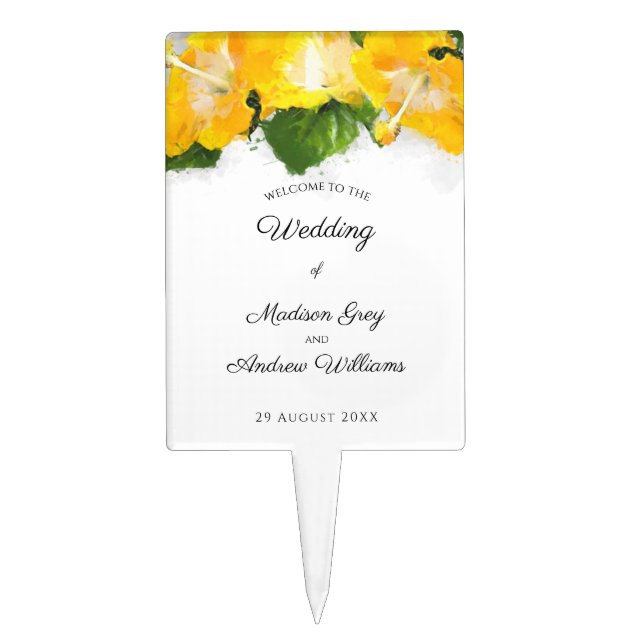 Beautiful Yellow Hibiscus Flower Art Wedding Cake Topper (Front)