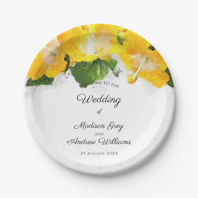 Beautiful Yellow Hibiscus Flower Art Wedding Paper Plates (Front)
