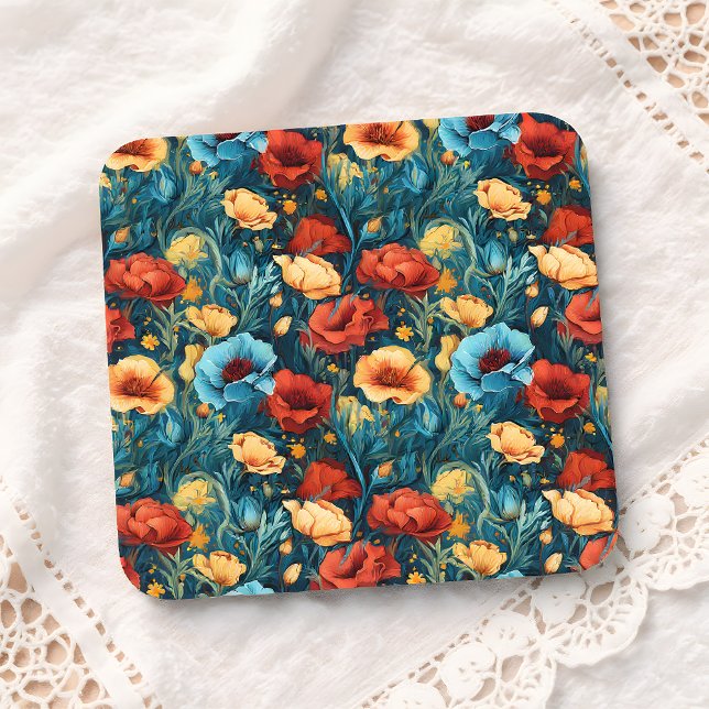 Beautiful Yellow Red Blue Flowers Botanical Print Beverage Coaster (Creator Uploaded)