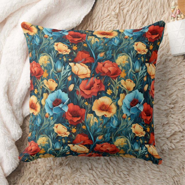 Beautiful Yellow Red Blue Flowers Botanical Print Throw Pillow (Blanket)