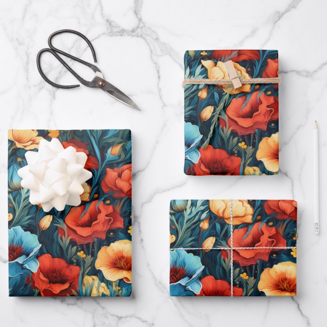 Beautiful Yellow Red Blue Flowers Botanical Print Wrapping Paper Sheets (Front)