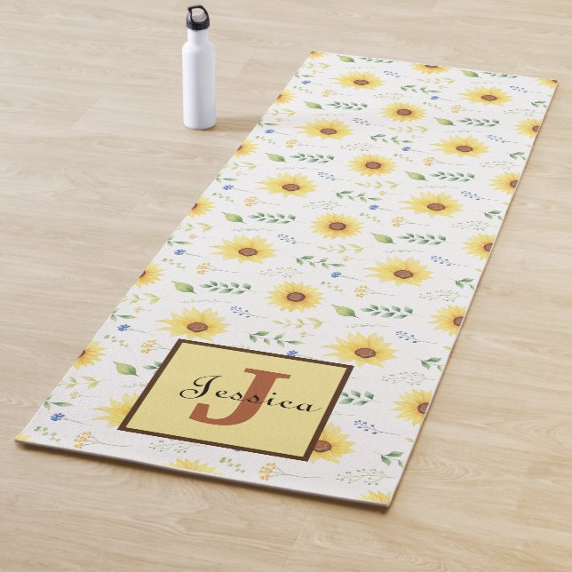 Beautiful Yellow Sunflower Floral Monogram Custom Yoga Mat (In Situ)