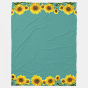 Beautiful Yellow Sunflowers on Teal Fleece Blanket