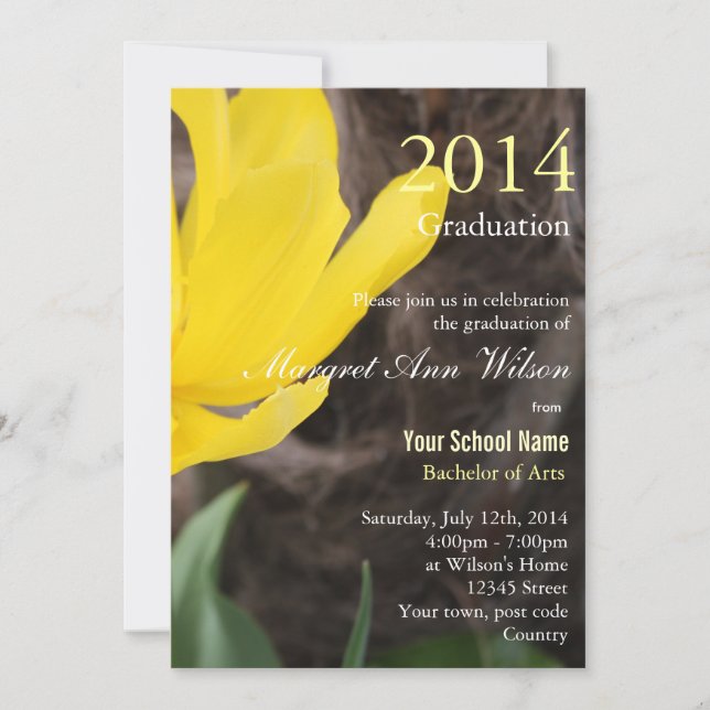 Beautiful yellow tulip flower graduation invitation (Front)
