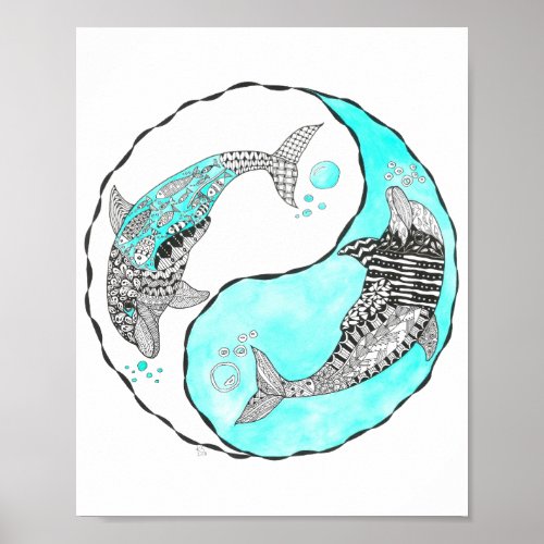 Beautiful Yin and Yang Dolphins Poster 8 x 10