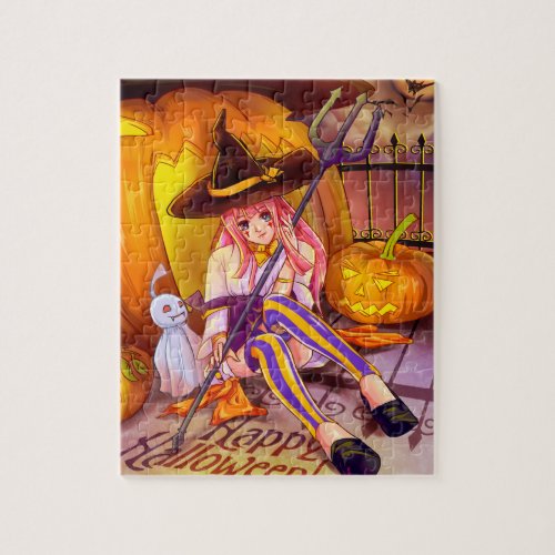 Beautiful Young Anime Witch _ Halloween Jigsaw Puzzle