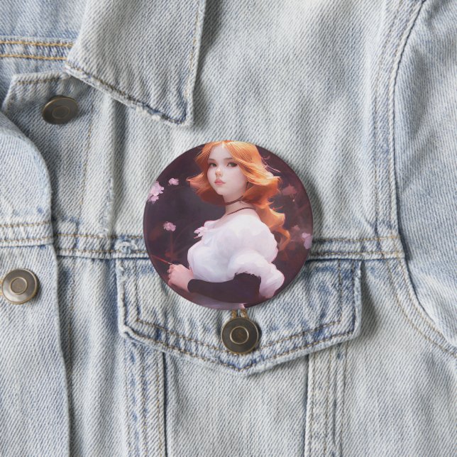 Beautiful Young Girl Amongst Pink Flowers Portrait Button (In Situ)