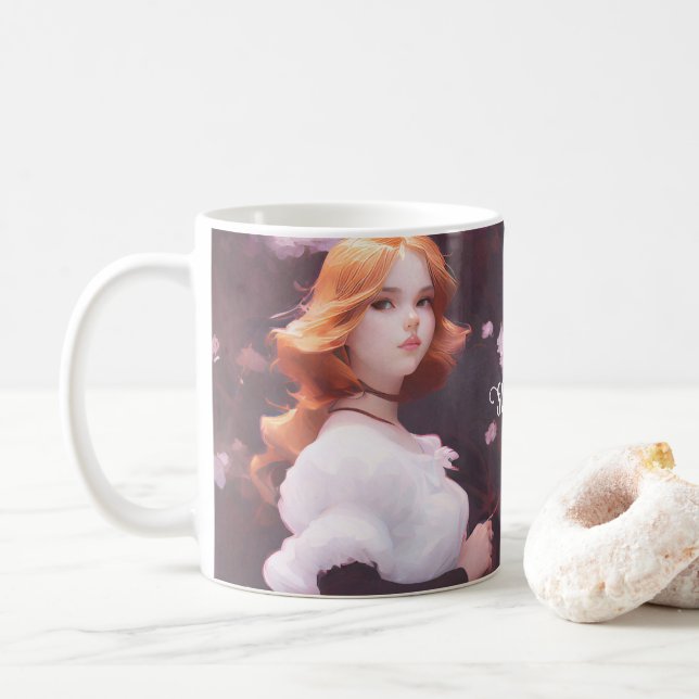 Beautiful Young Girl Amongst Pink Flowers Portrait Coffee Mug (With Donut)