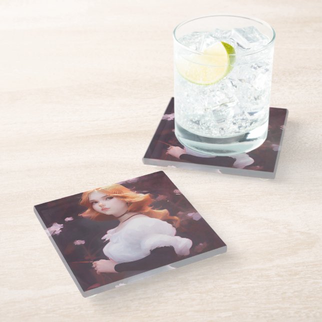 Beautiful Young Girl Amongst Pink Flowers Portrait Glass Coaster (Angled)