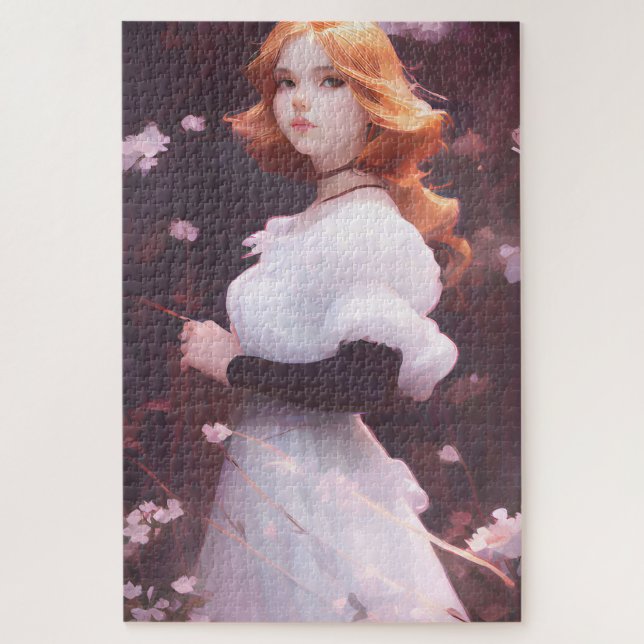 Beautiful Young Girl Amongst Pink Flowers Portrait Jigsaw Puzzle (Vertical)