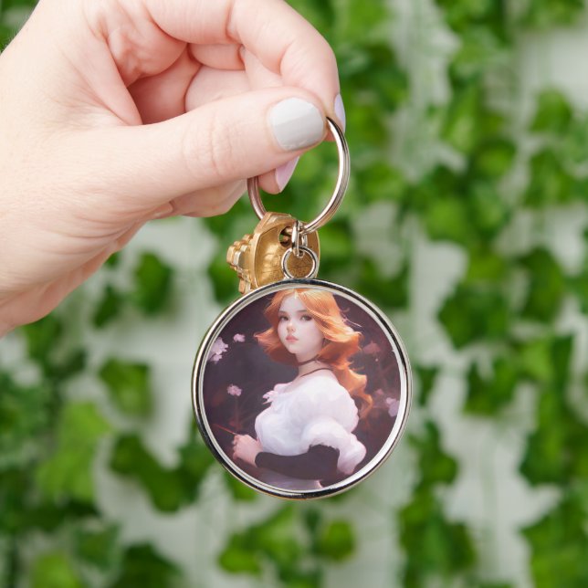 Beautiful Young Girl Amongst Pink Flowers Portrait Keychain (Hand)