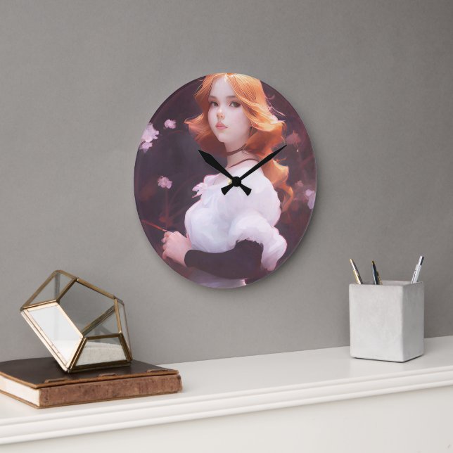 Beautiful Young Girl Amongst Pink Flowers Portrait Large Clock (Office)