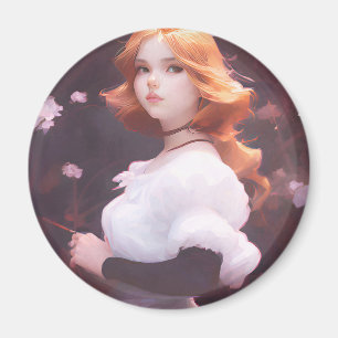 Beautiful Young Girl Amongst Pink Flowers Portrait Magnet