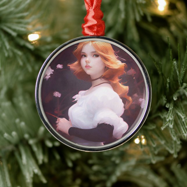 Beautiful Young Girl Amongst Pink Flowers Portrait Metal Ornament (Tree)