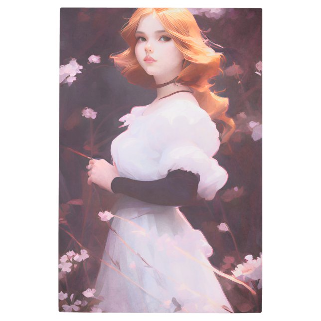 Beautiful Young Girl Amongst Pink Flowers Portrait Metal Print (Front)